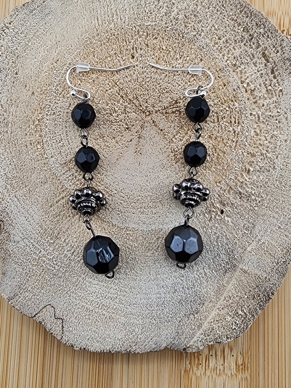Black Faceted Bead Drop Earrings